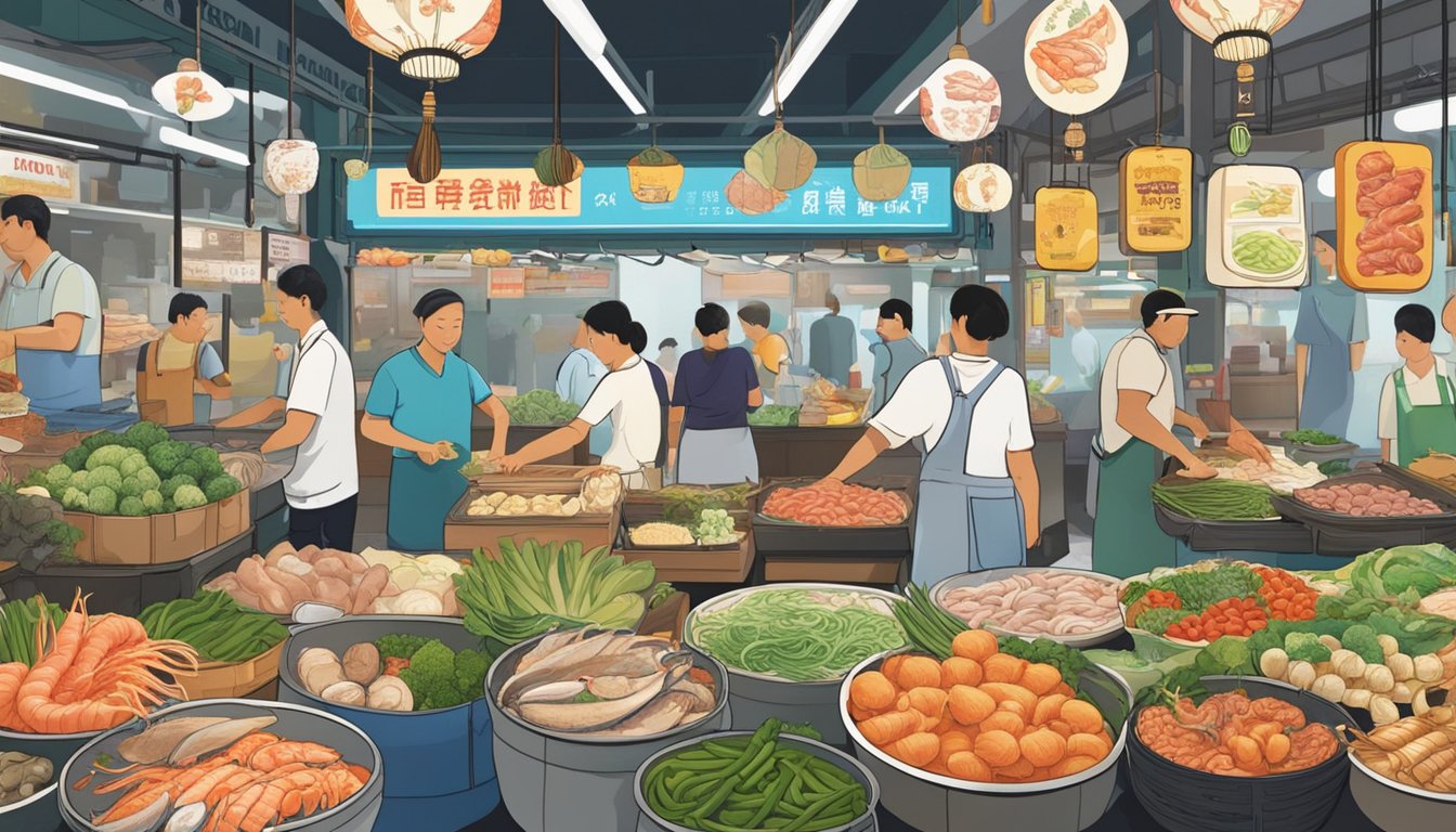 A bustling market stall displays fresh seafood, vegetables, and meats. Signs advertise steamboat essentials like broth, tofu, and noodles. Customers browse the colorful array of ingredients in Singapore