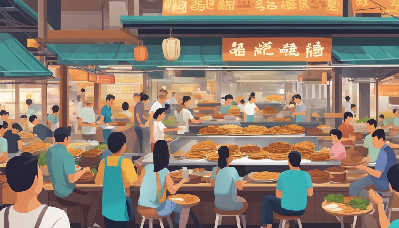 A bustling hawker center in Singapore, with vendors selling crispy Peking duck pancakes piled high on plates, surrounded by eager customers