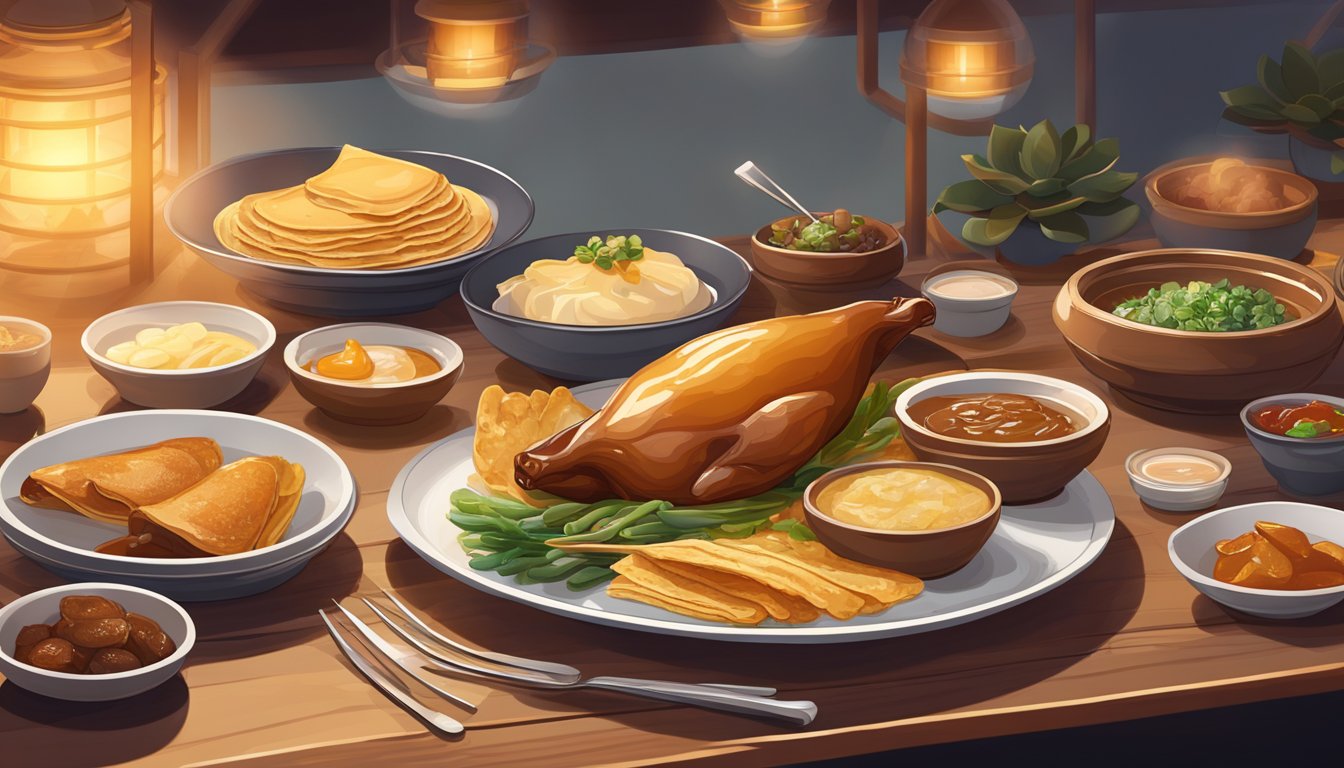 A table set with a succulent Peking duck, crispy skin glistening under warm lighting, surrounded by freshly steamed pancakes and a variety of condiments