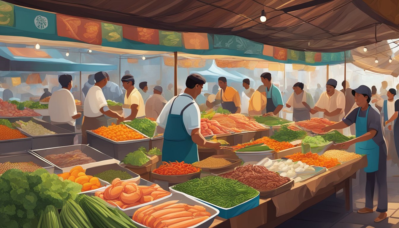 A bustling market with colorful stalls selling fresh seafood, tender meats, and a variety of vegetables. The air is filled with the aroma of exotic spices and herbs