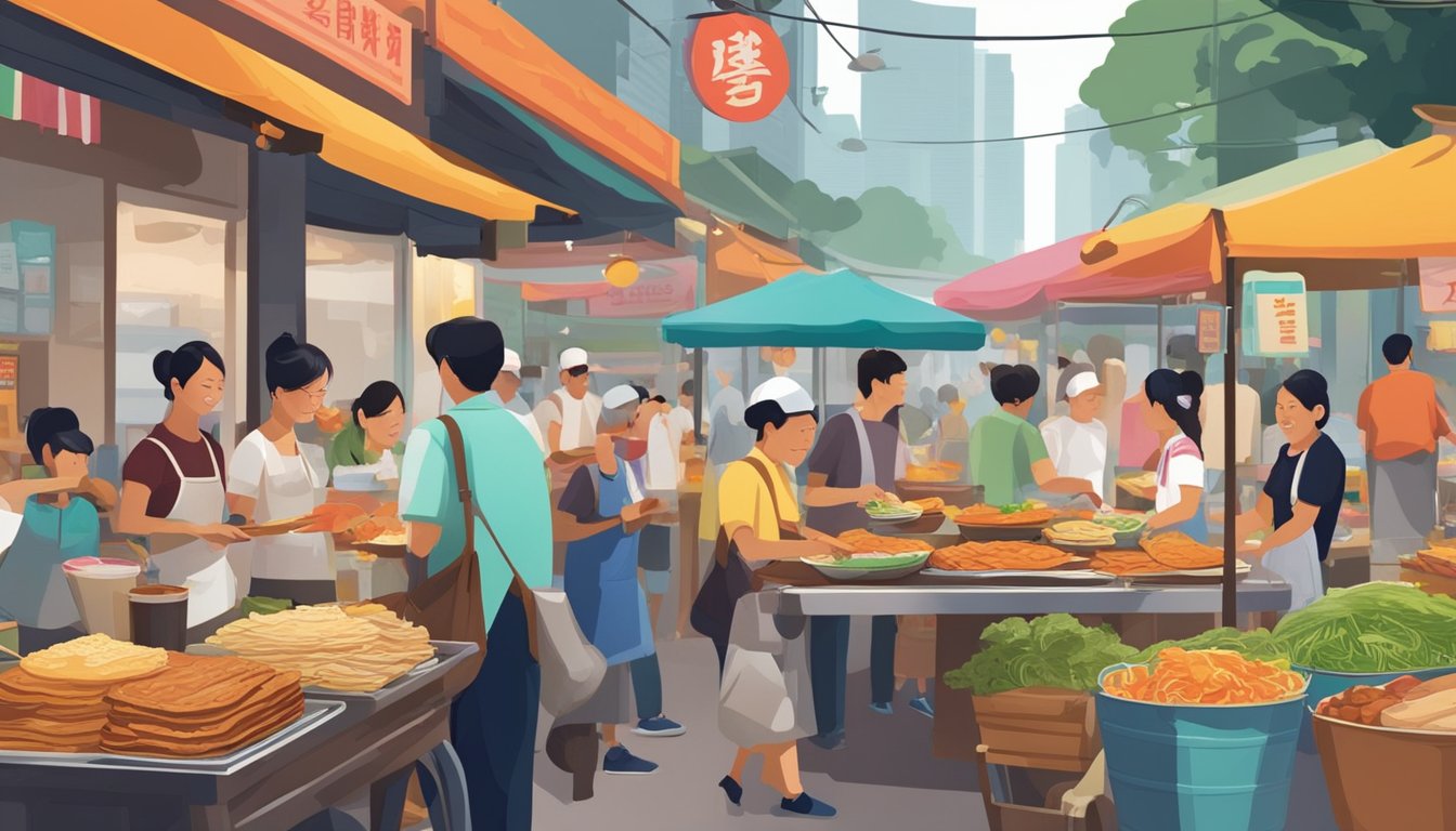A bustling street food market in Singapore, with vendors selling freshly made Peking duck pancakes to eager customers. A colorful array of ingredients and condiments are displayed, adding to the vibrant atmosphere