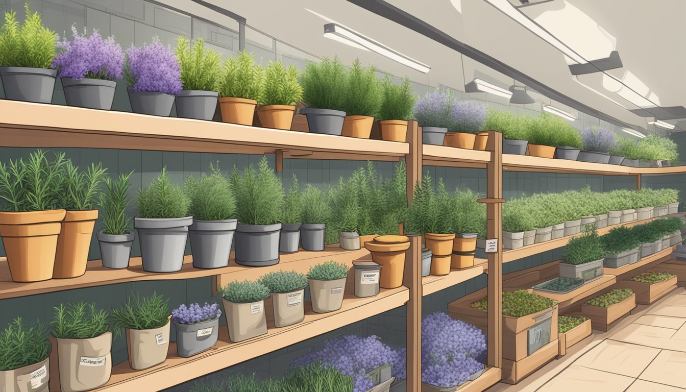 A garden store displays rosemary plants in pots, neatly arranged on shelves, with price tags and care instructions