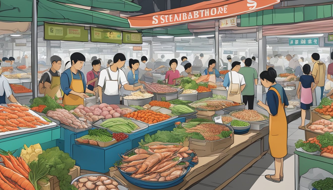 A bustling Singapore market displays fresh seafood, vegetables, and meats for a steamboat gathering. Shoppers select ingredients and chat with vendors