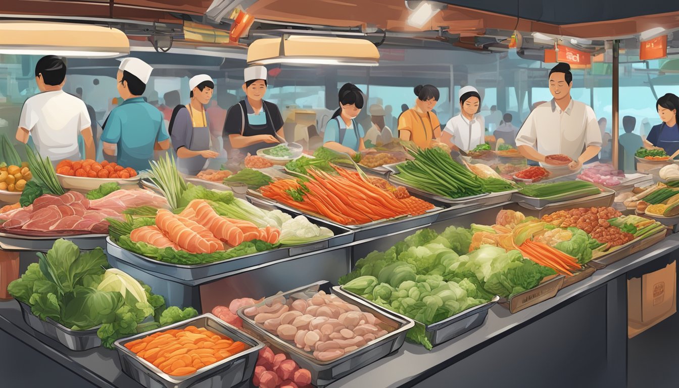 A bustling Singapore market stall with a colorful array of fresh ingredients for steamboat, including meats, seafood, vegetables, and condiments