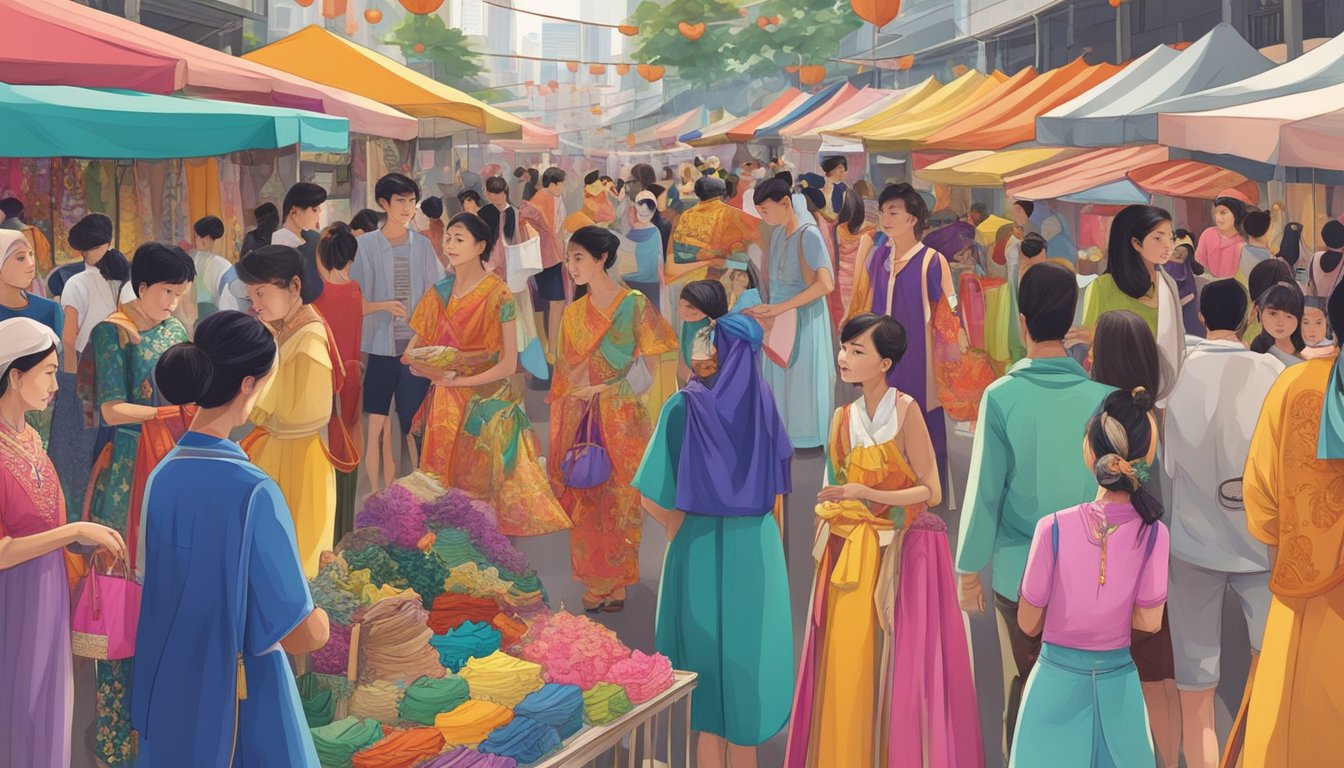 A colorful array of costumes on display in a vibrant Singapore market, with shoppers browsing and admiring the unique and diverse selection