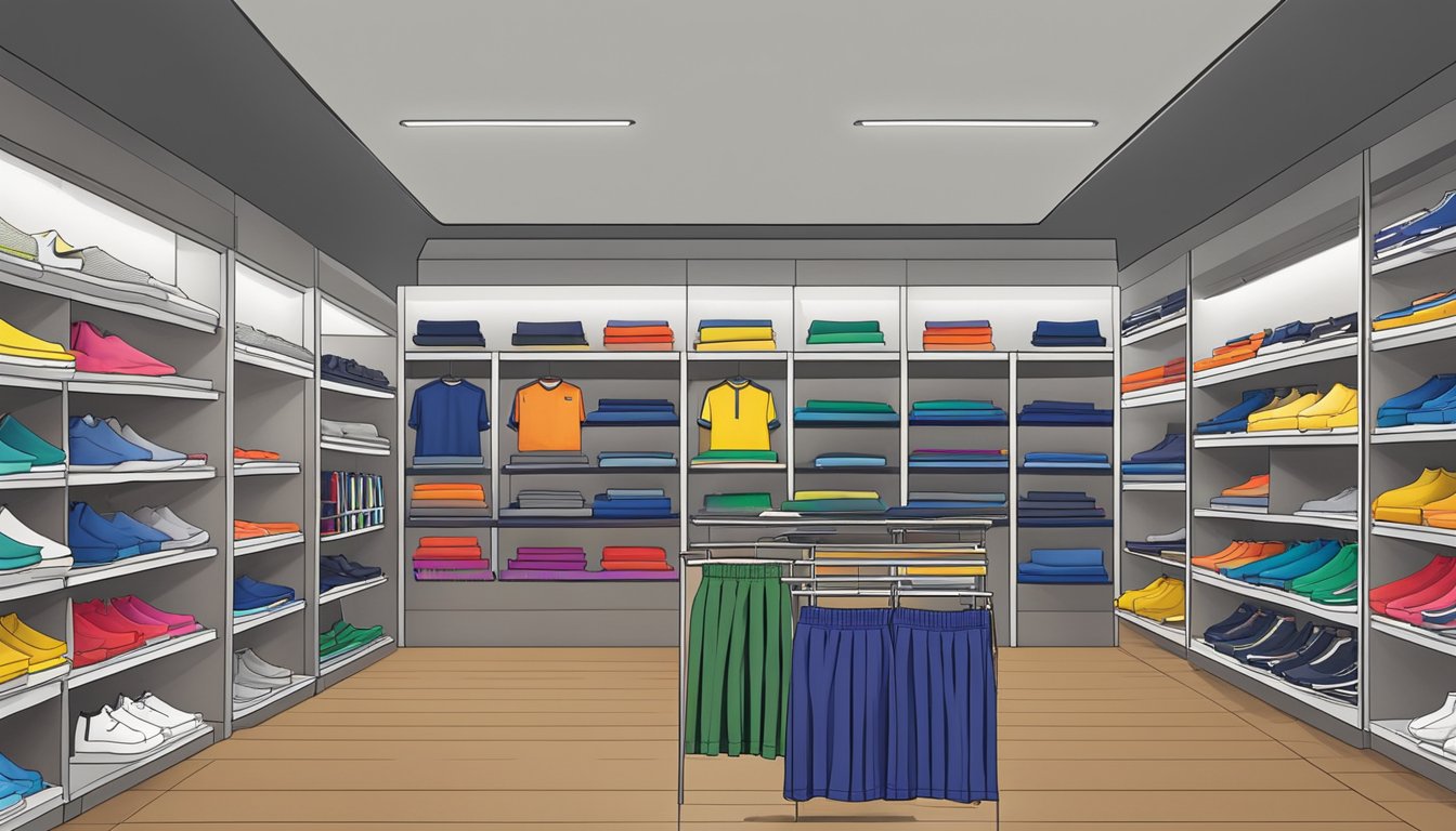 A display of FBT track pants in a Singapore store, with various colors and sizes neatly organized on shelves