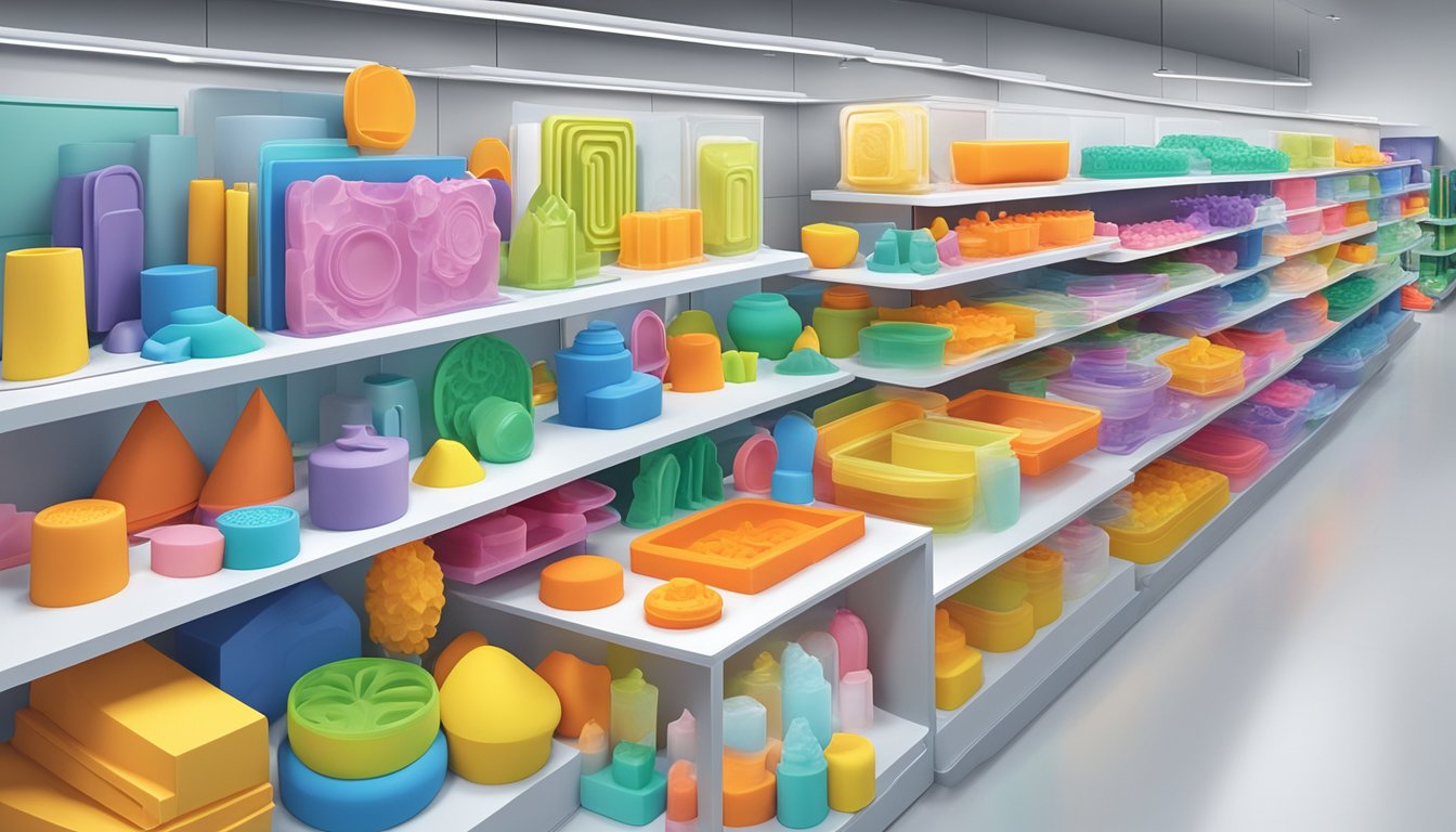 A display of silicone moulds in various shapes and sizes at a top retailer in Singapore, with vibrant packaging and clear product labeling