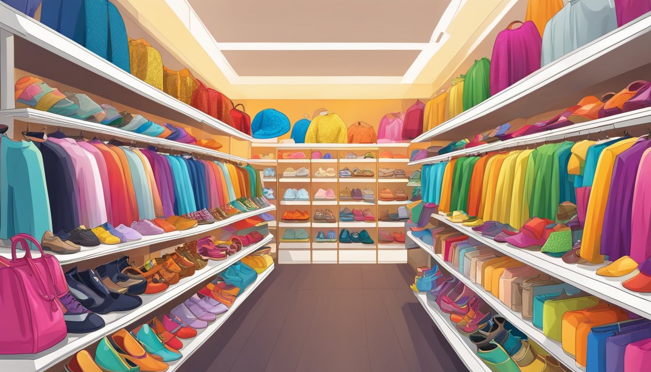 A colorful array of costume accessories displayed on shelves and racks in a vibrant Singapore shop