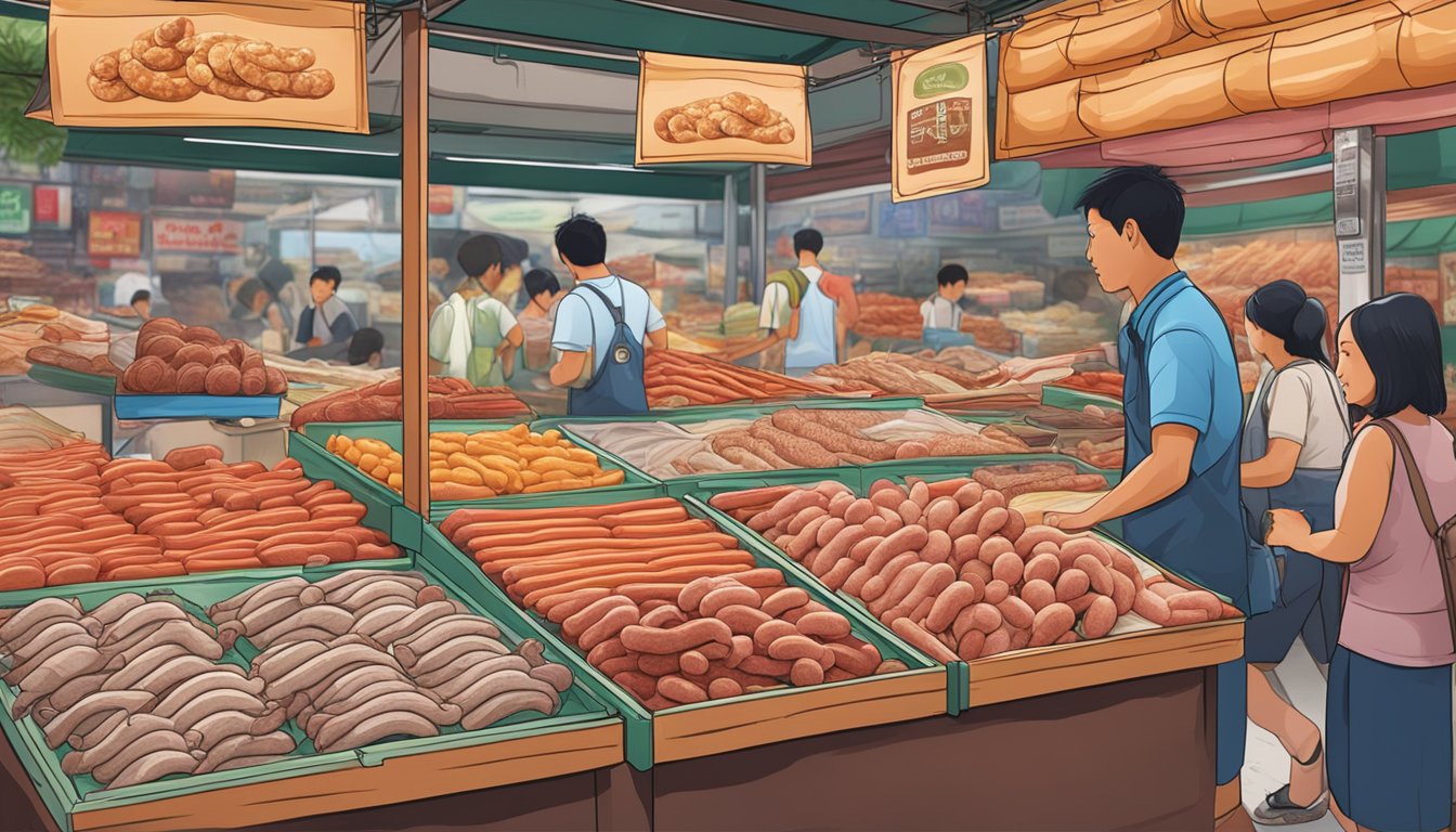 A bustling market stall displays various sausage casings in Singapore