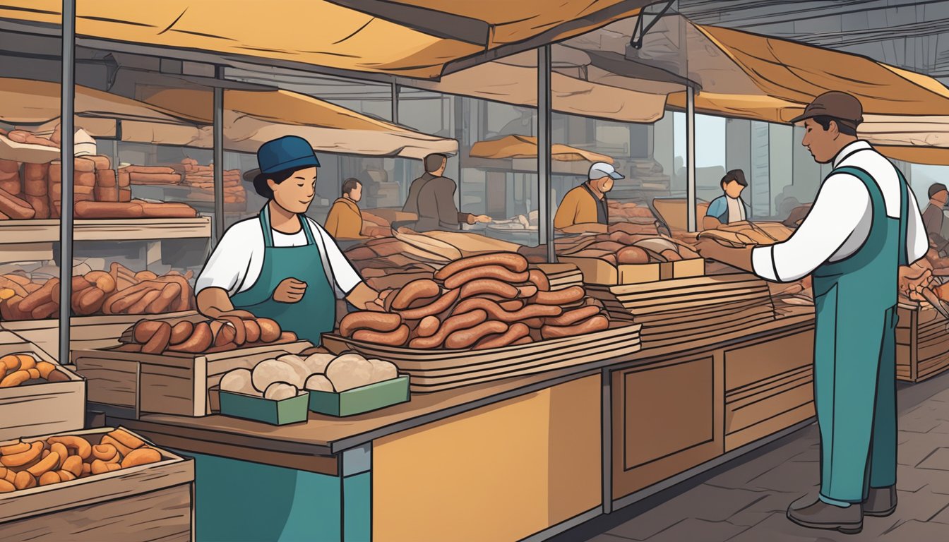 A bustling market stall displays a variety of sausage casings in different sizes and materials. A vendor assists a customer, showcasing the different options available