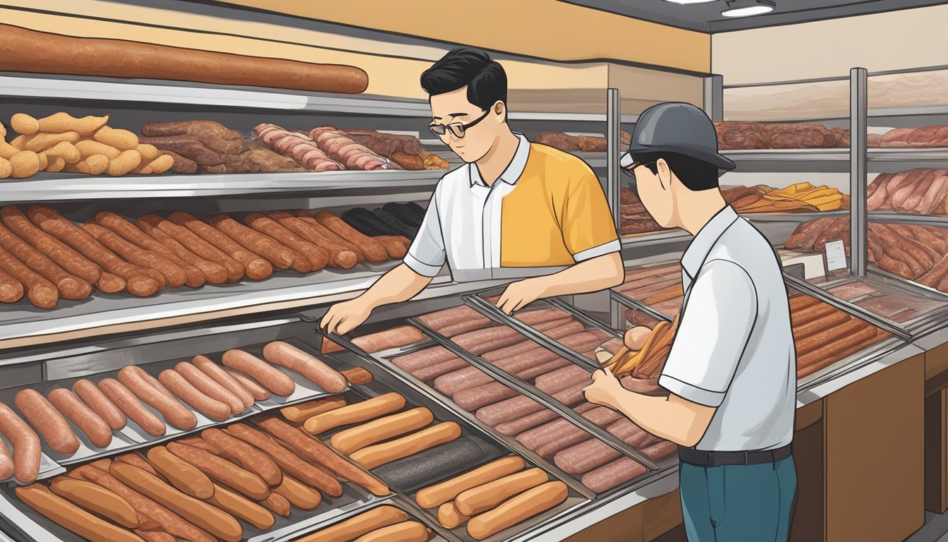 A customer browsing various sausage casings on display at a specialty store in Singapore, with different sizes and materials available for purchase