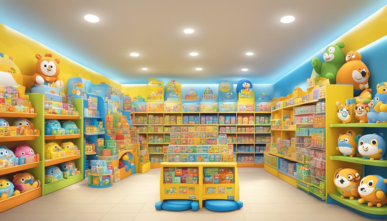 A colorful toy store in Singapore displays shelves of Pororo toys, with bright packaging and playful designs