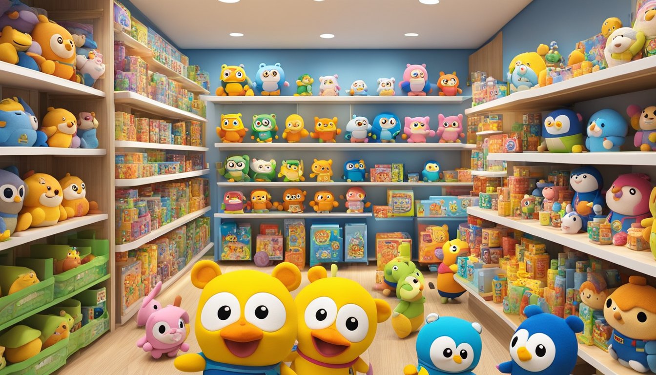 Pororo toys displayed in a brightly lit store in Singapore, surrounded by shelves filled with various merchandise