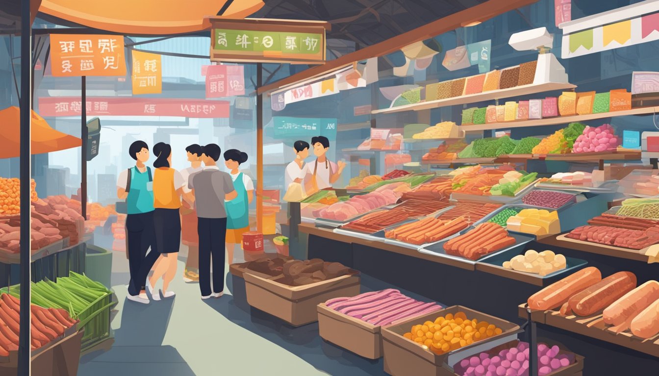 A bustling market stall in Singapore with colorful signage and shelves stocked with various sausage casings. Customers inquire about purchases