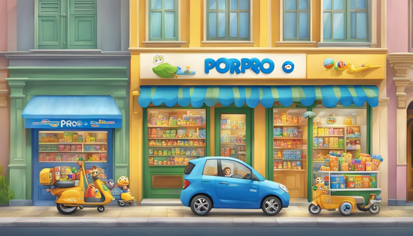 A colorful storefront with "Pororo Toys" signage, displaying various toys and a prominent "Delivery and Shipping Information" section. Located in a bustling area of Singapore