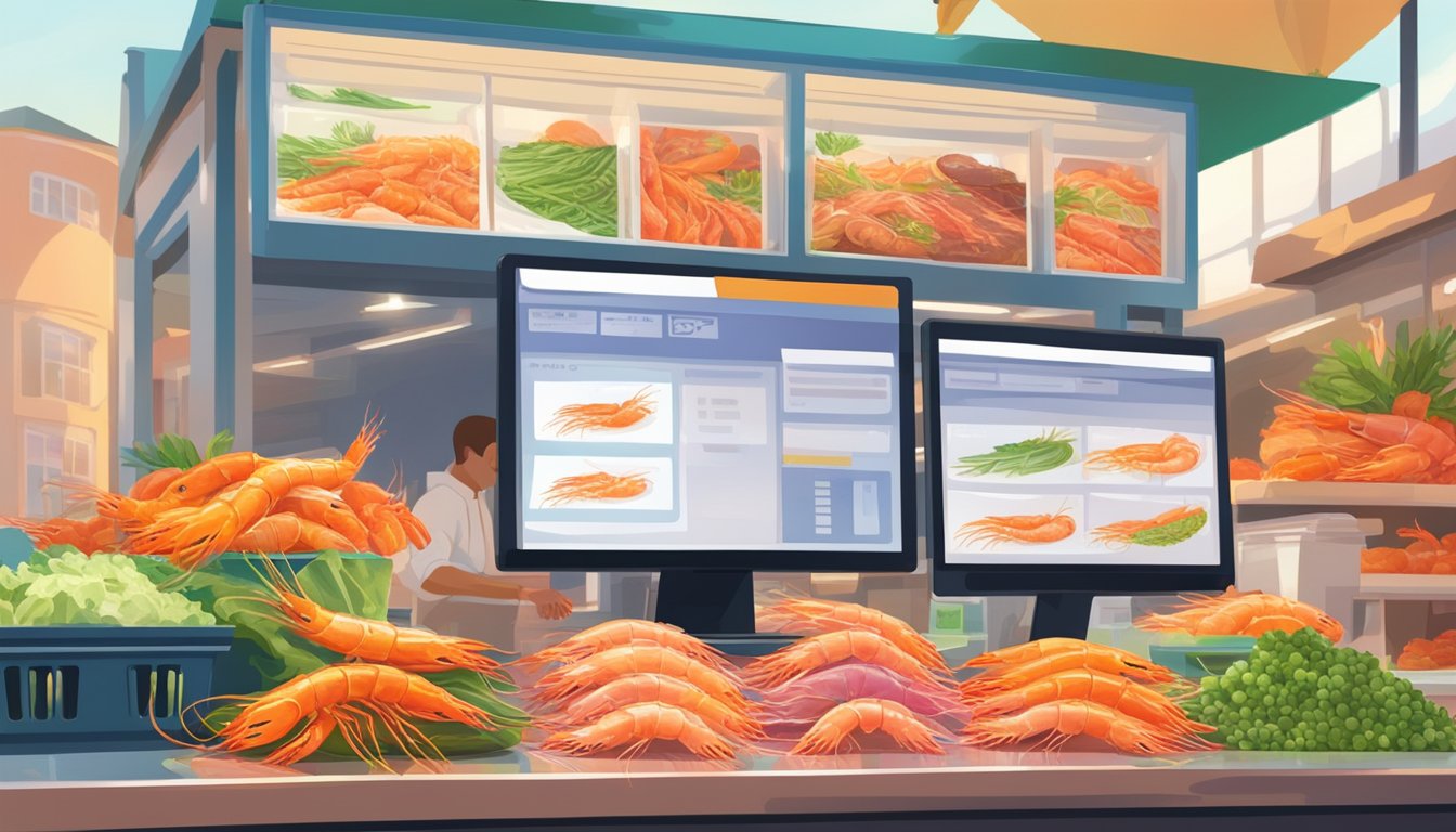 A colorful market stall displays a variety of fresh prawns, glistening in the sunlight. A computer screen in the background shows an easy online ordering process