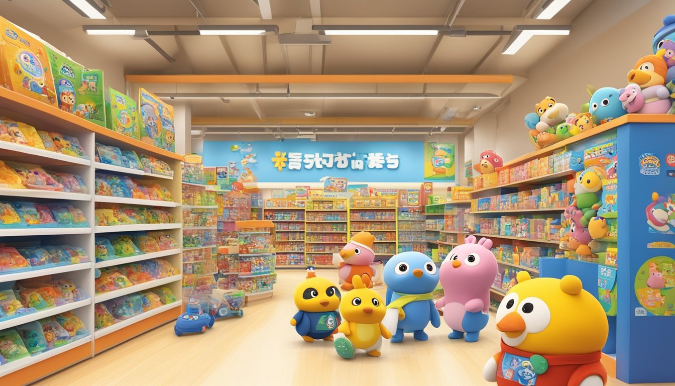 A colorful display of Pororo toys in a Singaporean toy store, with shelves neatly organized and a sign reading "Frequently Asked Questions: Where to buy Pororo toys in Singapore."