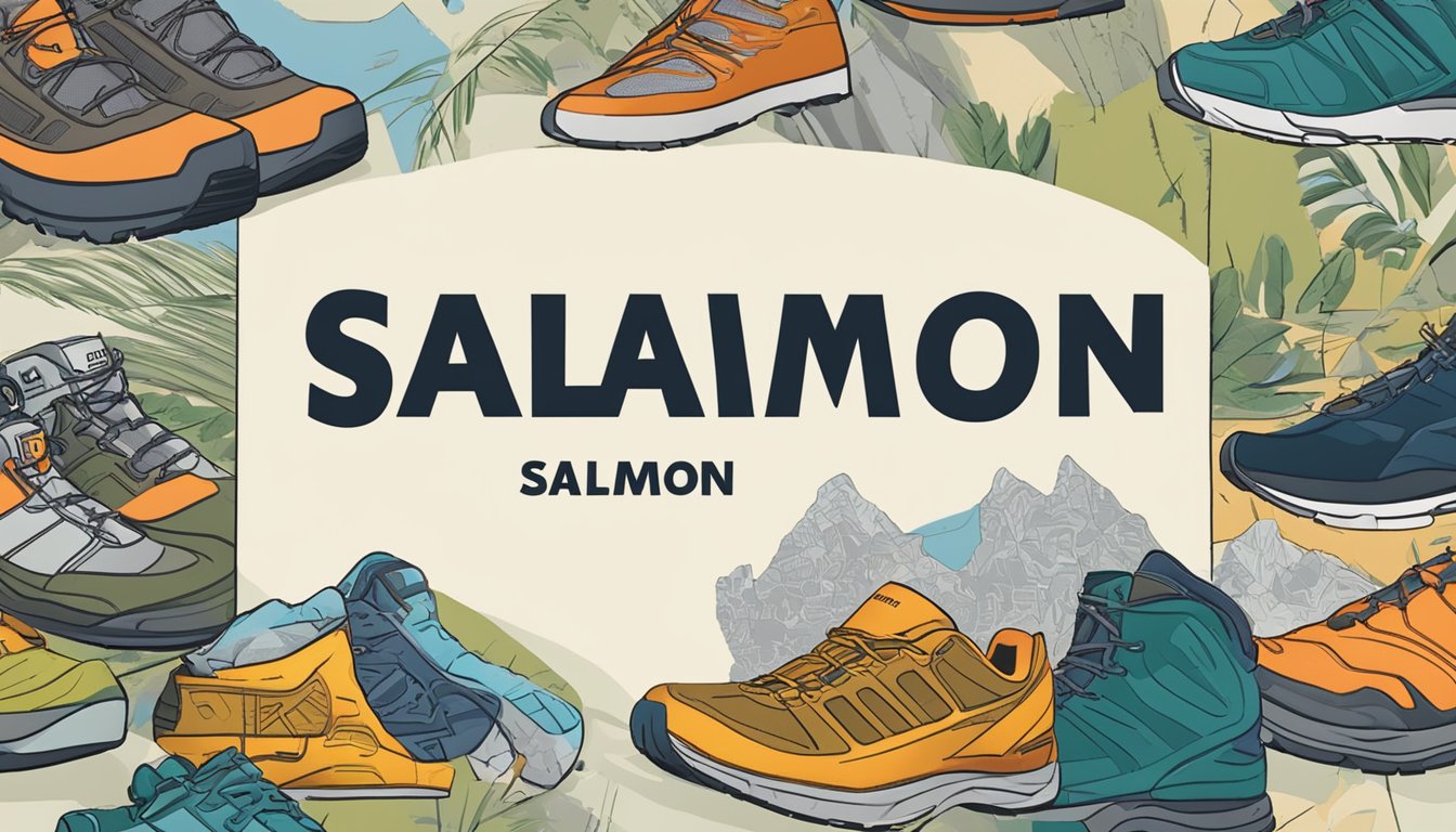 A store sign with "Salomon" in bold letters, surrounded by outdoor gear and shoes, with a map of Singapore in the background