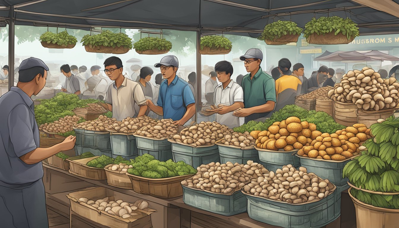 A bustling Singapore market stall sells fresh monkey head mushrooms