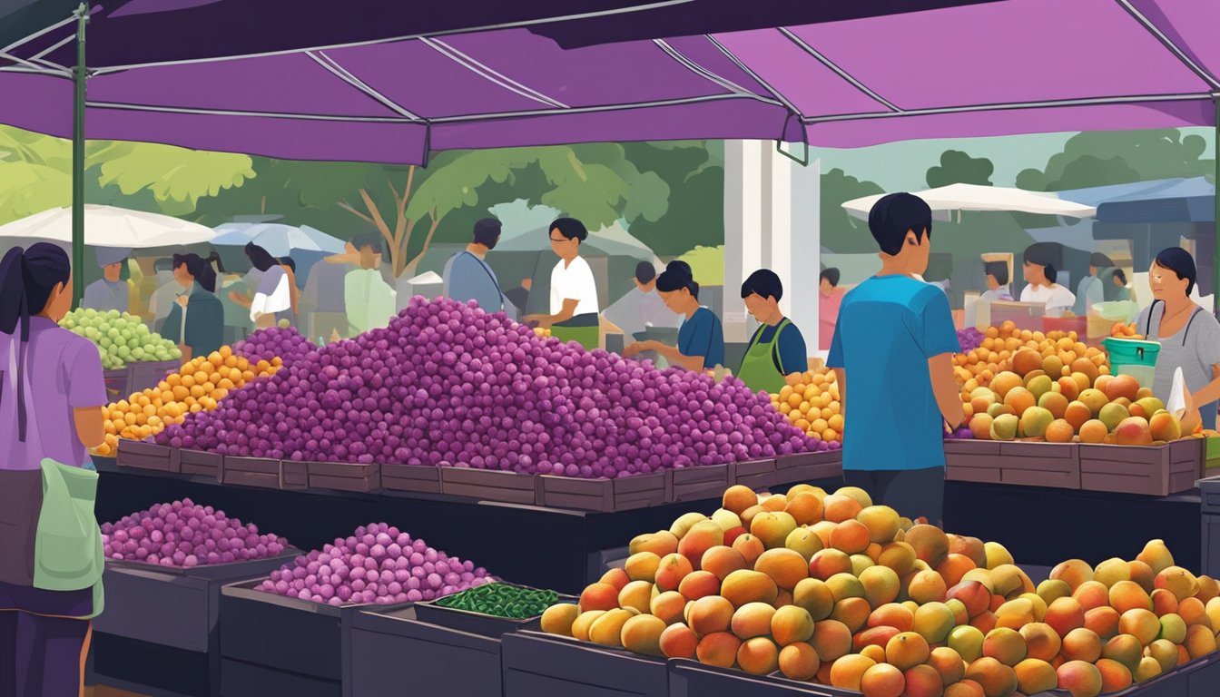 A bustling Singapore market stall sells fresh mangosteen, stacked in neat piles, with vibrant purple rinds and green stems. Customers browse the selection, while the stall owner arranges the fruit
