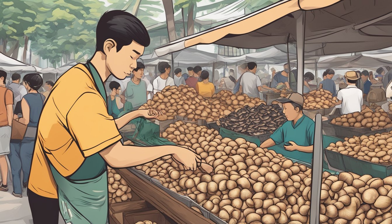 A customer selects fresh monkey head mushrooms from a vendor at a bustling market in Singapore