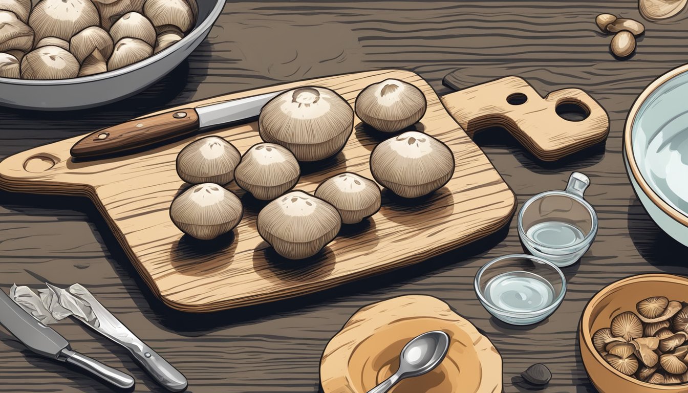 Fresh monkey head mushrooms are neatly arranged on a wooden cutting board next to a sharp knife and a bowl of water, ready to be cleaned and prepared for cooking