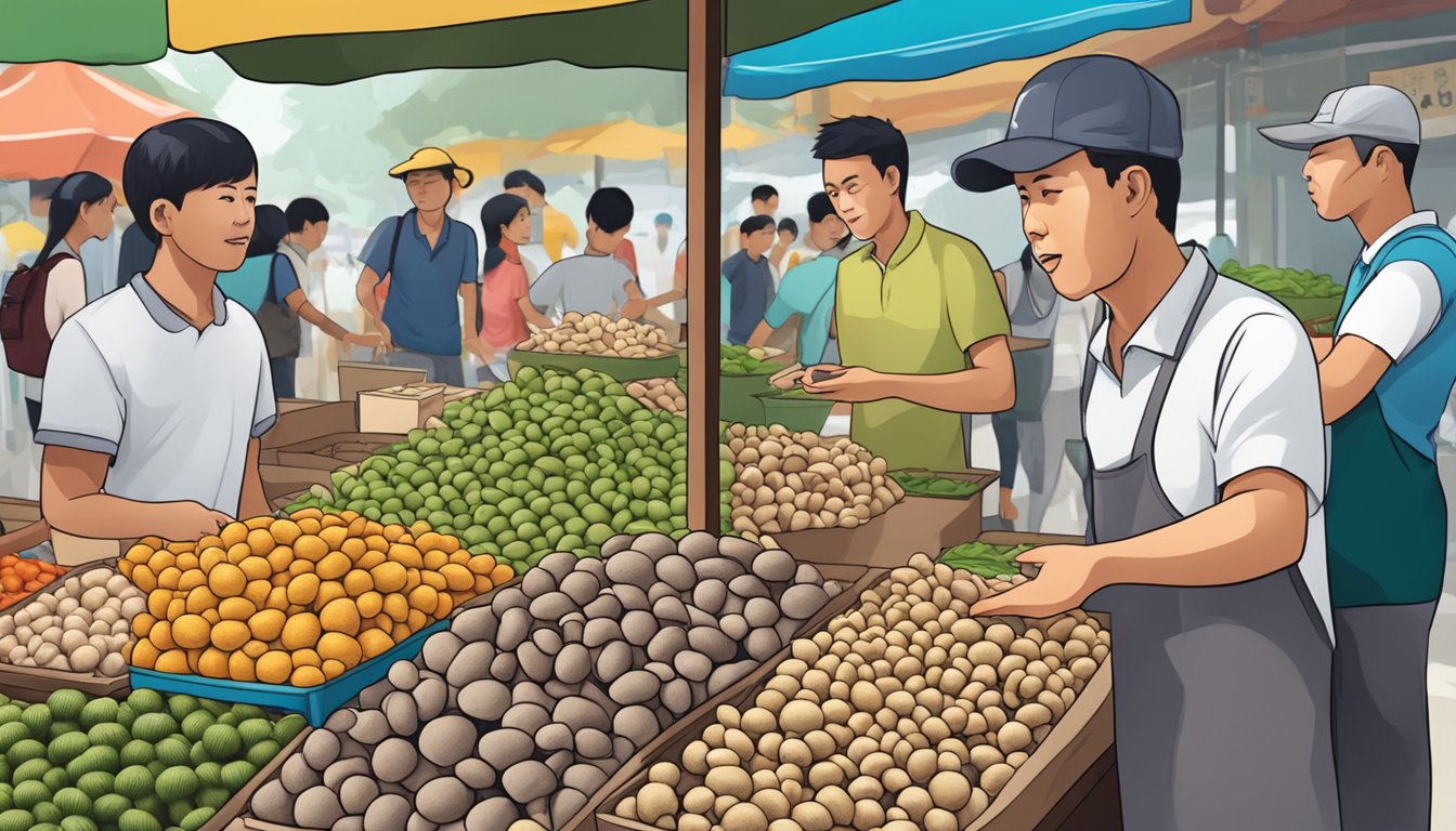 A bustling Singapore market stall displays fresh monkey head mushrooms for sale, with eager customers asking the vendor questions