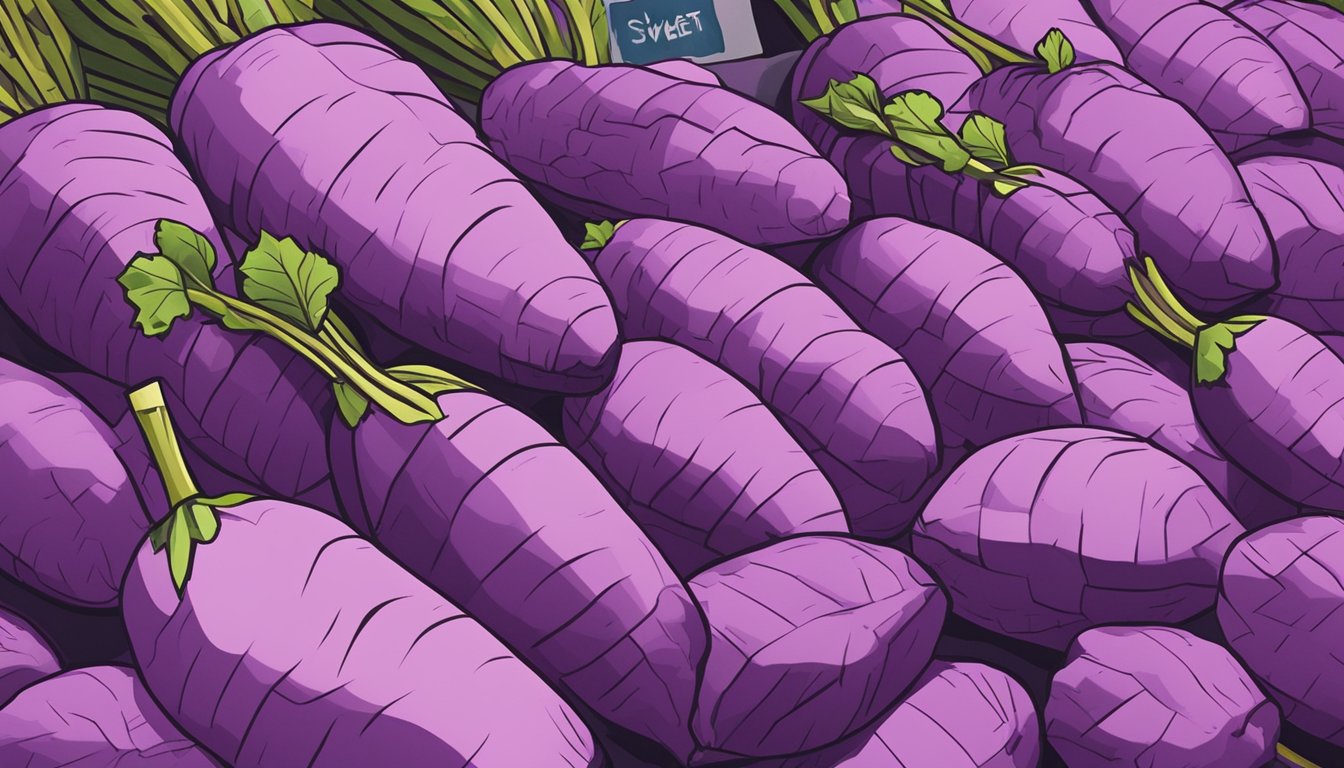 Purple sweet potatoes are displayed in neat rows at a local market in Singapore, with vibrant hues and a sign indicating their availability