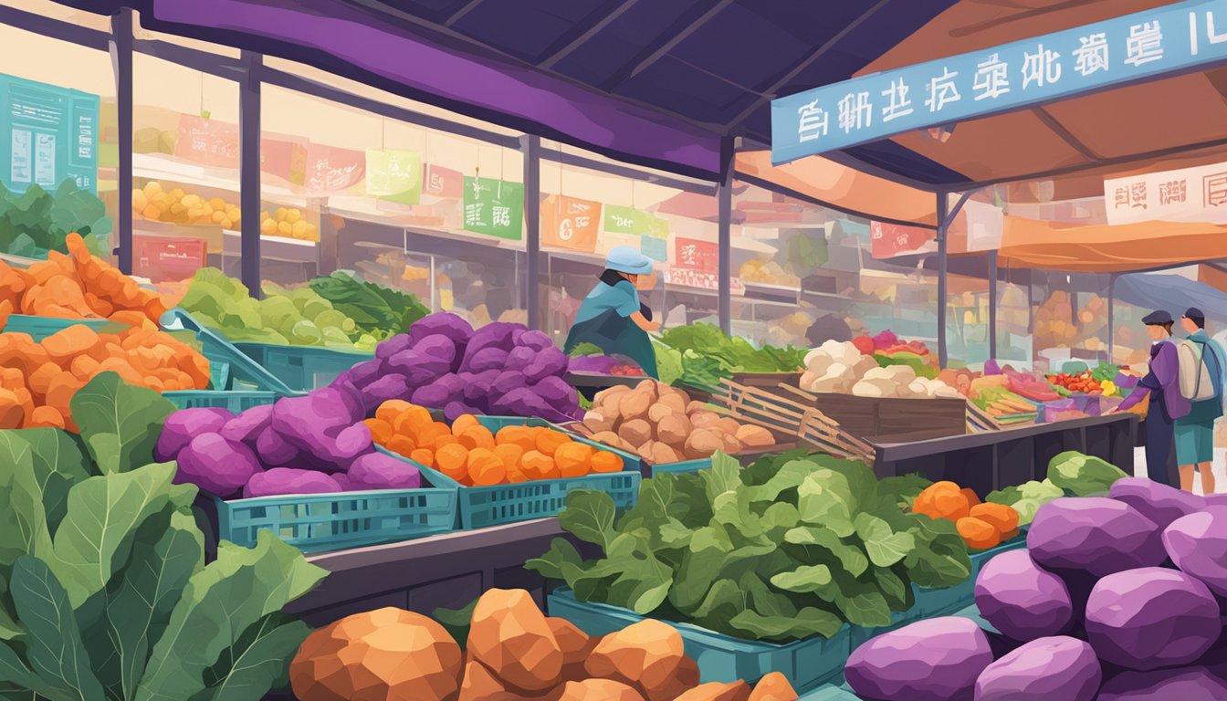 A bustling Singaporean market stall displays vibrant purple sweet potatoes among a colorful array of fresh produce