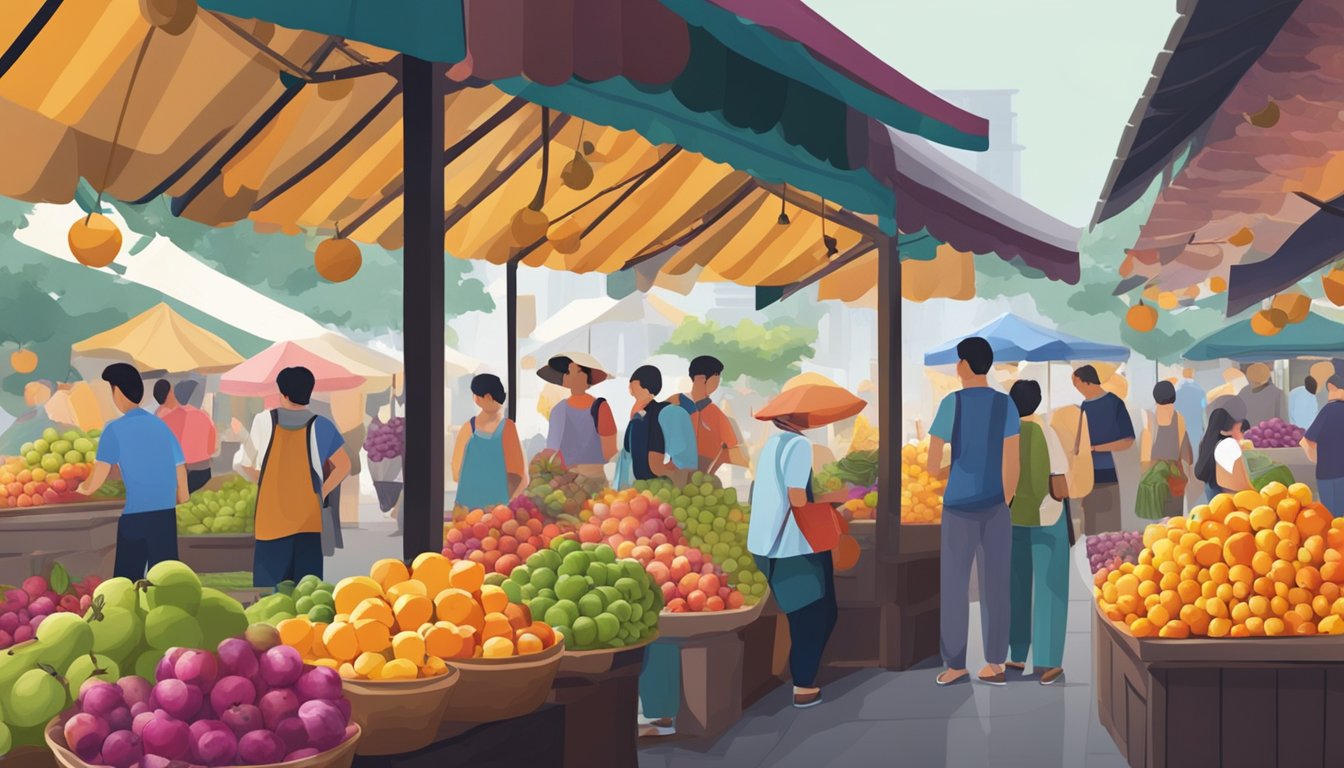 A bustling marketplace with colorful fruit stalls, showcasing ripe mangosteens. Customers eagerly inquire about purchasing the exotic fruit in Singapore