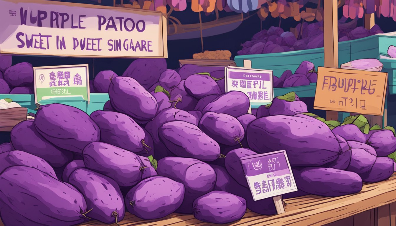 Purple sweet potatoes displayed in a vibrant market stall with a sign reading "Where to buy purple sweet potato in Singapore."