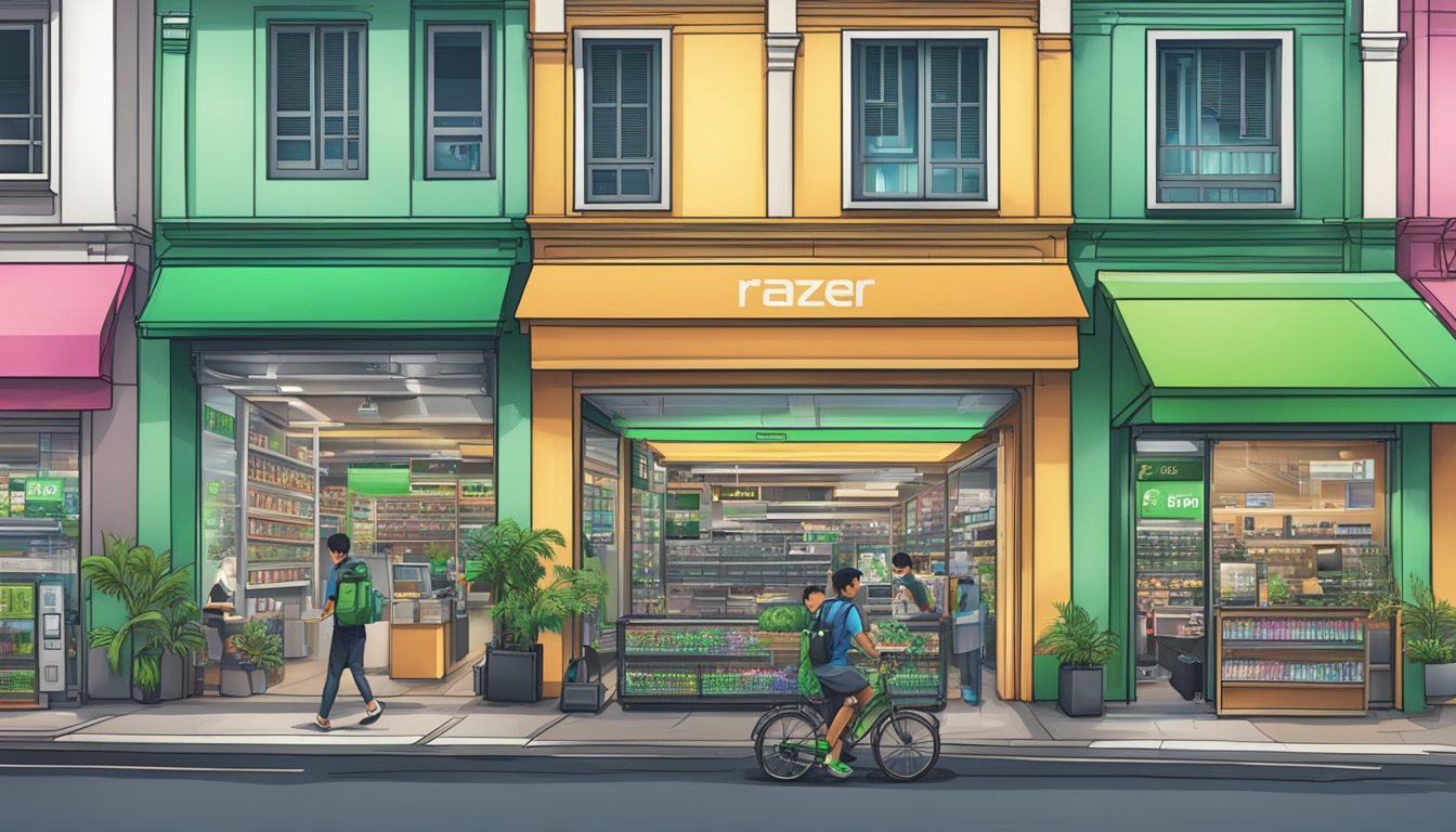 The bustling streets of Singapore showcase a modern electronics store, prominently displaying the sleek and powerful Razer Blade laptops in their windows