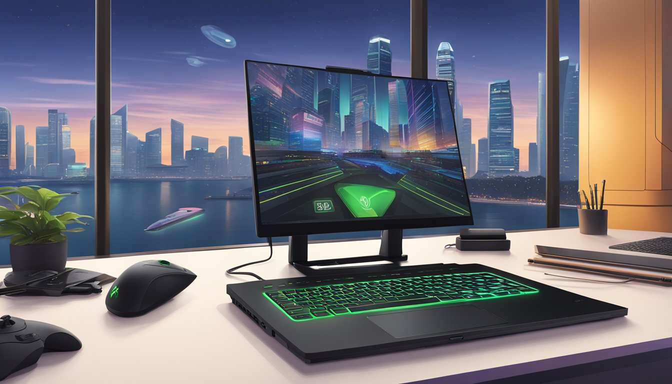 A sleek Razer Blade laptop sits on a desk, surrounded by gaming peripherals and creative tools. The Singapore skyline is visible through a nearby window. Available for purchase at authorized retailers in Singapore