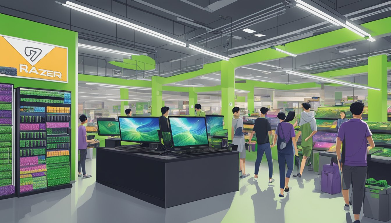 A bustling electronics store in Singapore displays the Razer Blade prominently, with customers browsing and staff assisting