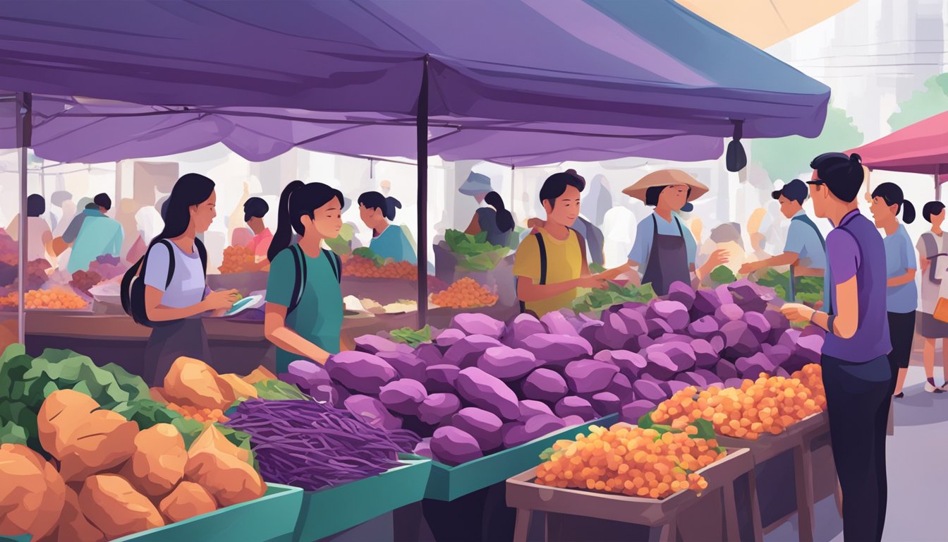 A bustling market stall with vibrant purple sweet potatoes on display, surrounded by curious customers in Singapore