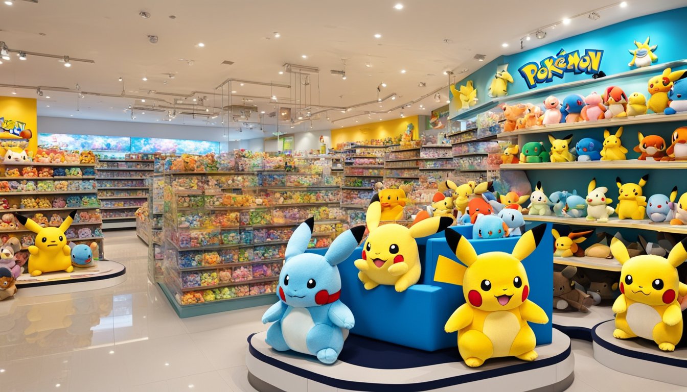 Pokemon soft toys on display at a Singapore toy store. Brightly lit shelves showcase various characters, inviting customers to purchase