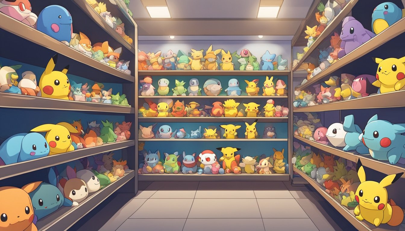 Colorful shelves display Pokemon soft toys in a well-lit shop in Singapore. Customers browse the selection, with a variety of sizes and characters available