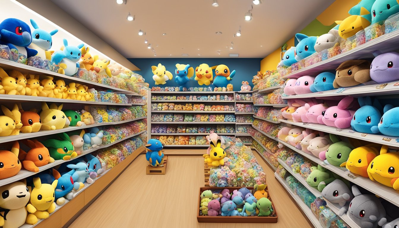 Colorful display of Pokemon soft toys in a Singaporean toy store, with various options and sizes for customers to choose from