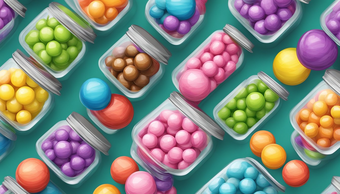 A colorful candy store in Singapore sells gobstoppers in various sizes and flavors, neatly displayed in clear jars and vibrant packaging