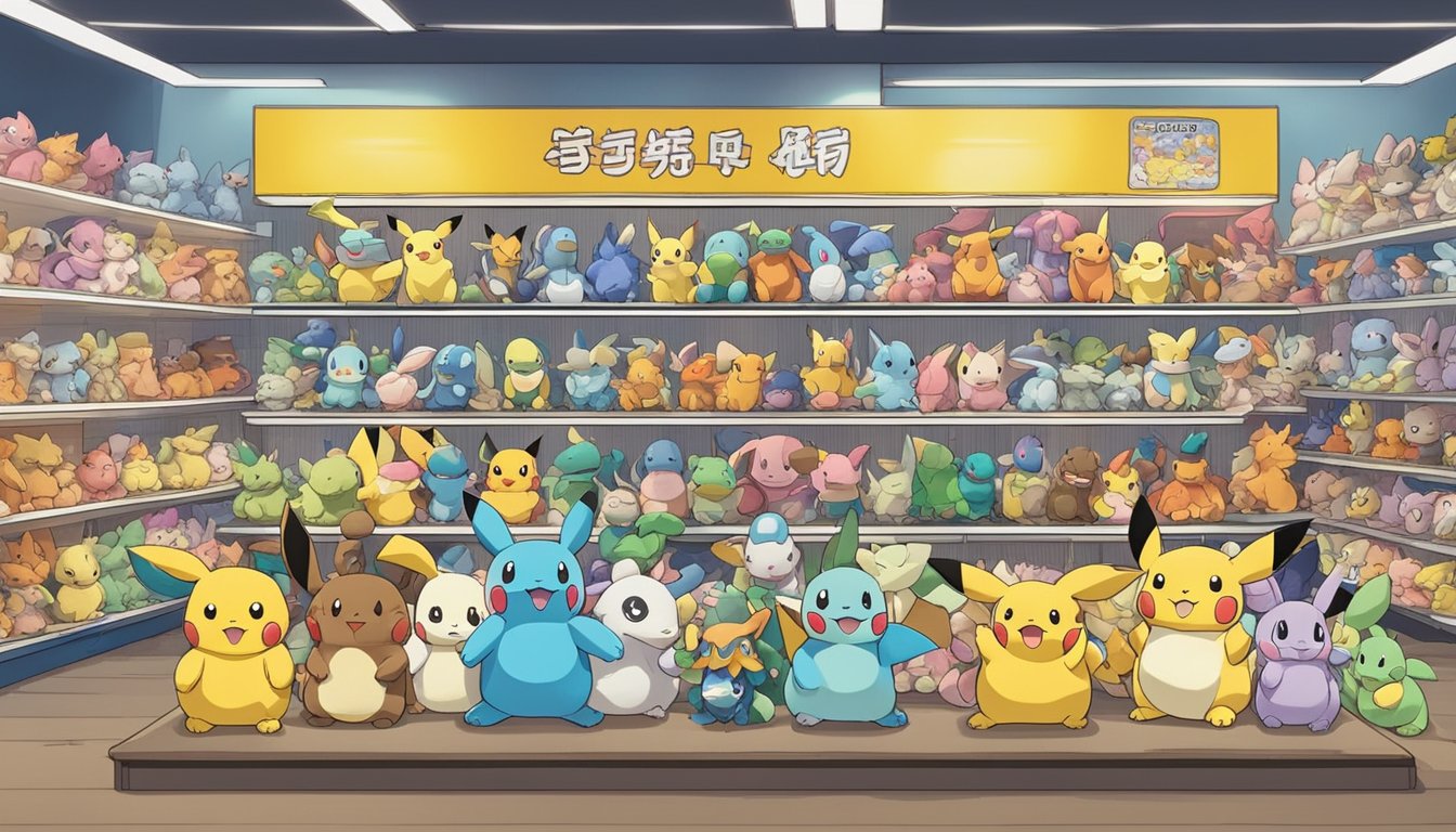 A display of Pokemon soft toys in a Singapore store, with shelves filled with various characters and a sign reading "Frequently Asked Questions: where to buy Pokemon soft toys in Singapore."
