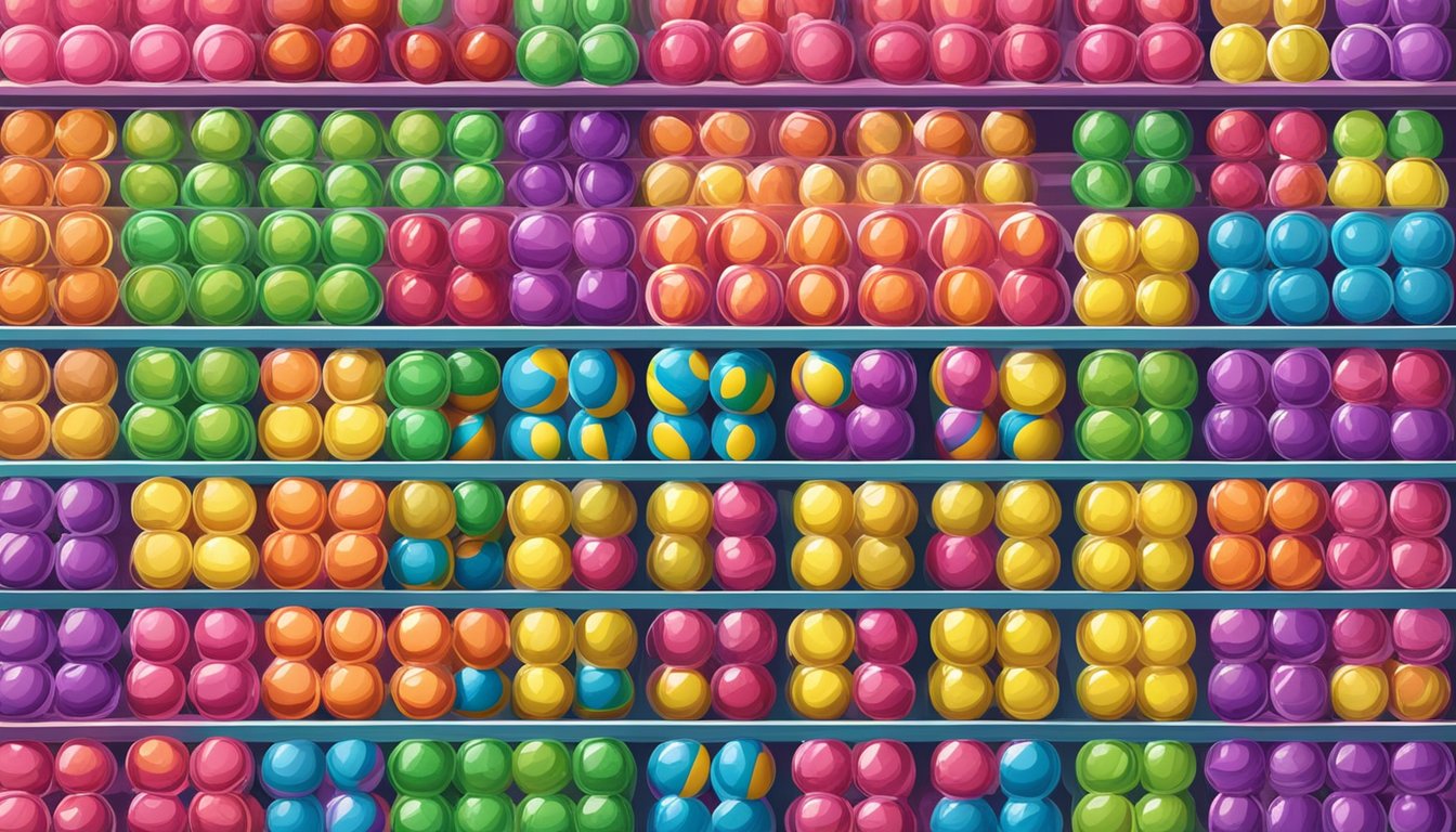 A colorful candy store in Singapore displays shelves filled with various types of gobstoppers, with vibrant packaging and enticing flavors