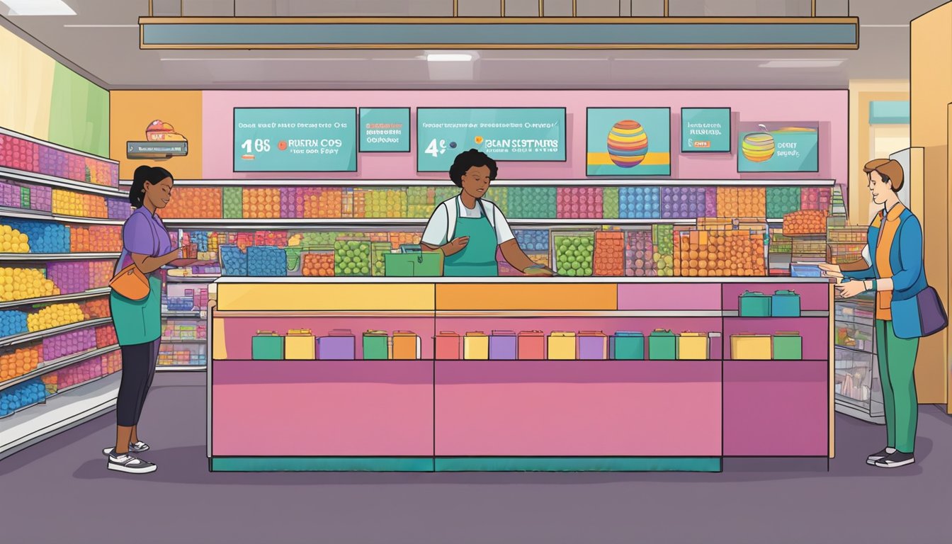 A customer service representative assists a customer with a return, while a sign prominently displays the store's return policy. Nearby, shelves are stocked with colorful gobstoppers for sale