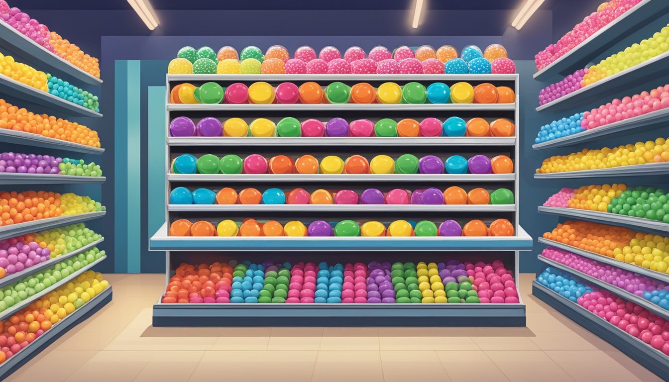 A colorful display of gobstoppers arranged neatly on shelves in a Singaporean candy store. Bright signage indicates "Frequently Asked Questions: Where to buy gobstoppers in Singapore."