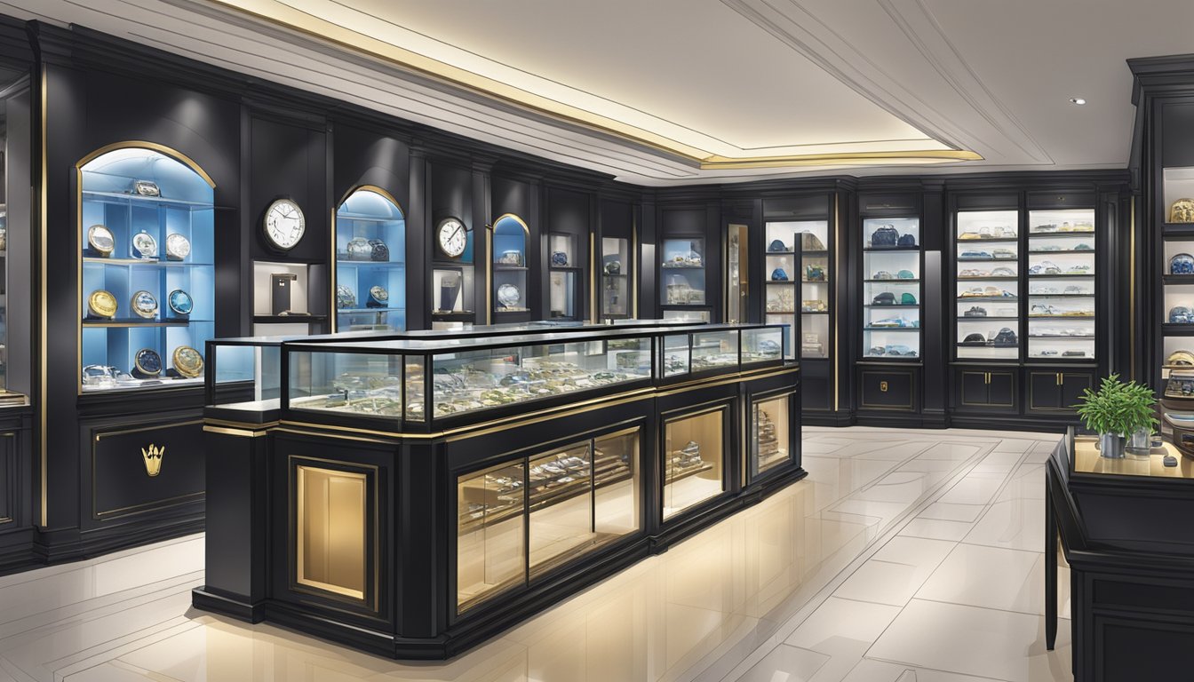 A luxurious watch store in Singapore displays the iconic Rolex Batman model among other prestigious timepieces