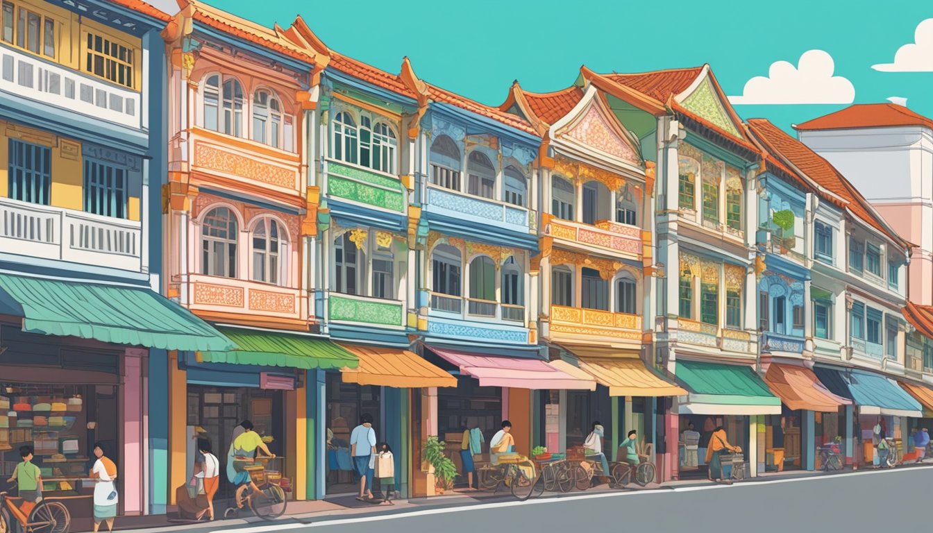 A bustling street in Singapore, lined with colorful shophouses displaying intricate Peranakan tiles. A shop sign reads "Peranakan Tiles for Sale" in bold letters
