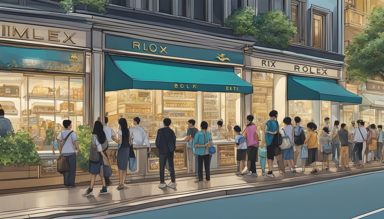 A bustling Singapore street, with a gleaming Rolex Batman on display in a high-end watch boutique. Shoppers admire the luxurious timepiece in the vibrant city setting