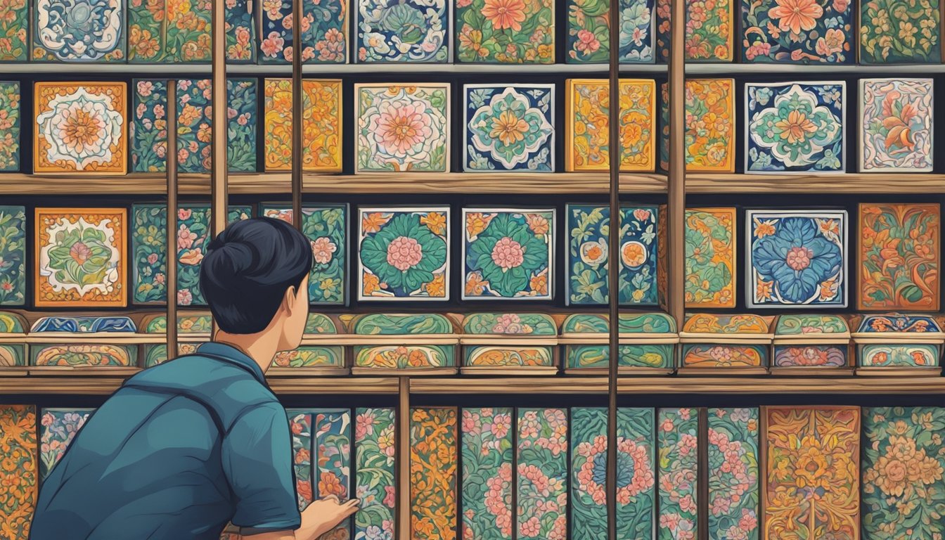 A person admires colorful Peranakan tiles in a Singapore shop