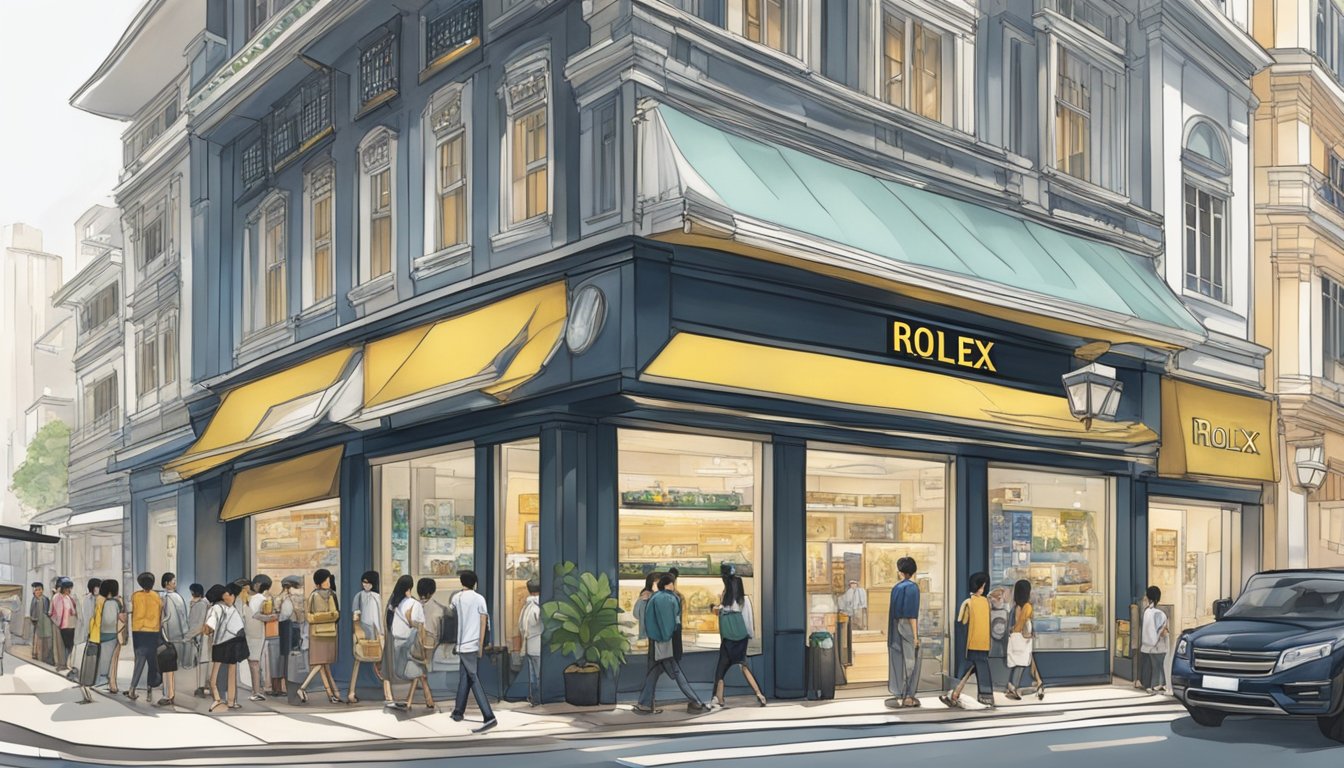 A bustling street in Singapore, with a prominent watch store displaying a Rolex Batman in its window. Shoppers pass by, some peering in with curiosity
