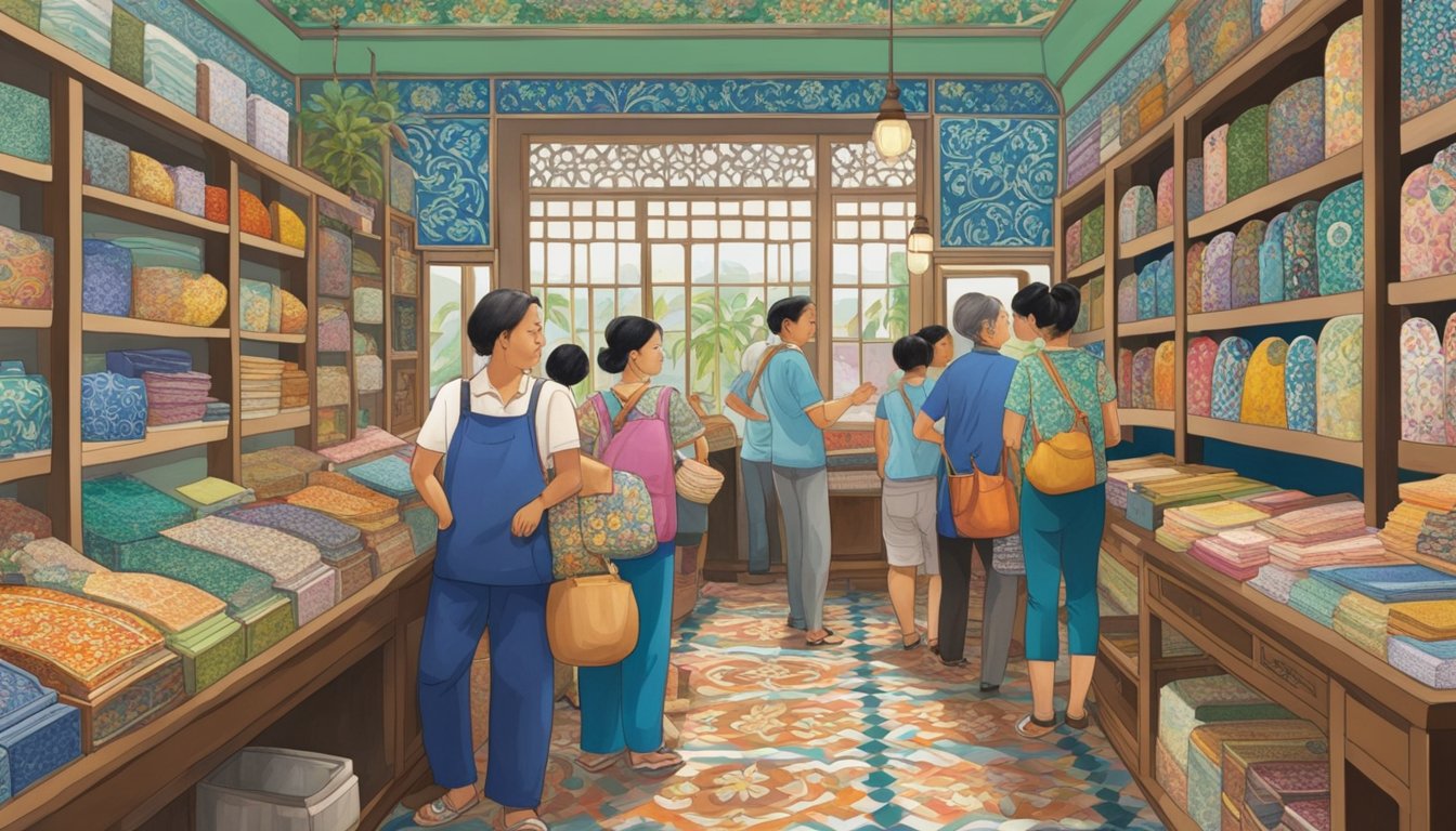 A bustling Peranakan tile shop in Singapore, with colorful patterns adorning the walls and floors. Customers browse through the vibrant selection, while the shop owner assists with their purchases