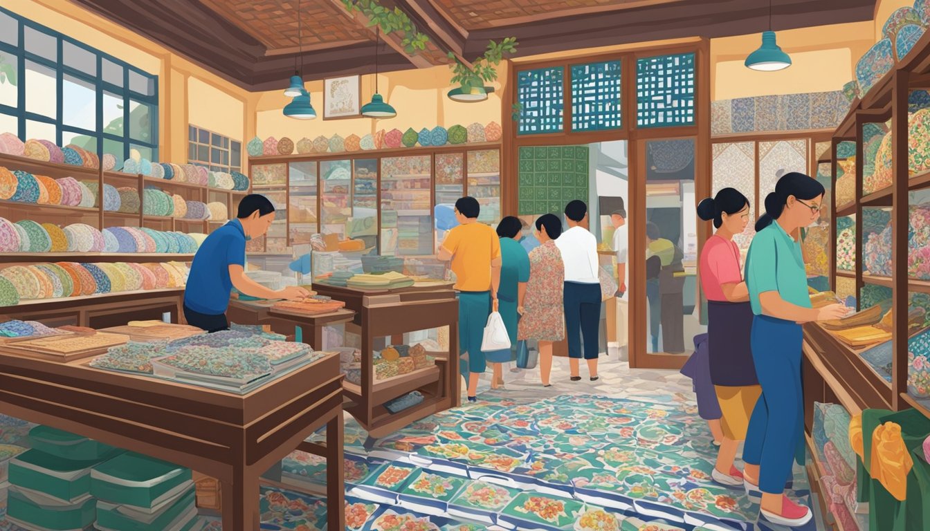 A bustling Peranakan tile shop in Singapore, with colorful patterns on display and customers browsing